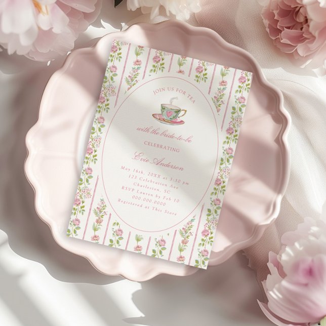 Invitation Pink Floral Grandmillennial Bridal Tea Party  (Créateur téléchargé)