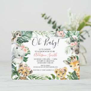Invitation Pink Floral Greenery Safari Animaux Baby shower