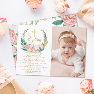 Invitation Pink Floral Greenery Wreath Girl Baptism Photo