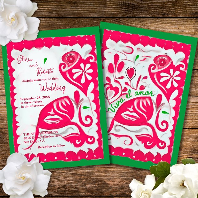 Invitation Pink Floral Heart Papel Picado Mariage mexicain (Créateur téléchargé)