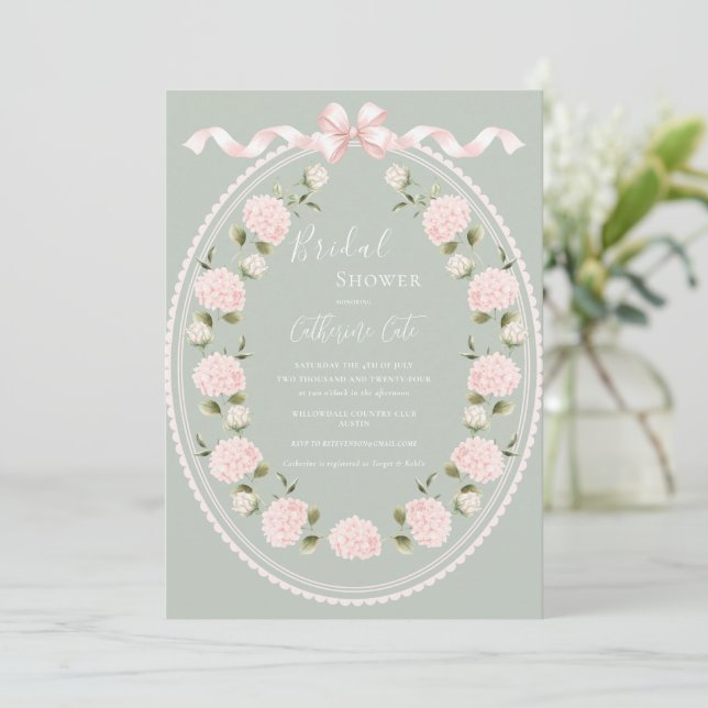 Invitation Pink Floral Hydrangea Sage Green Elegant Bridal  (Debout devant)