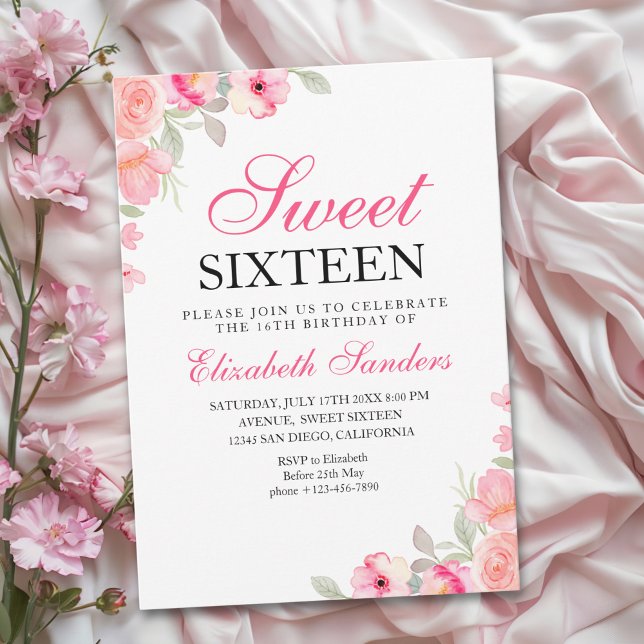 Invitation Pink Floral Illustration Sweet Sixteen (Créateur téléchargé)