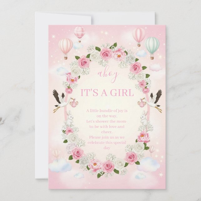 Invitation Pink Floral "It's a Girl" Baby Shower Invite  (Devant)