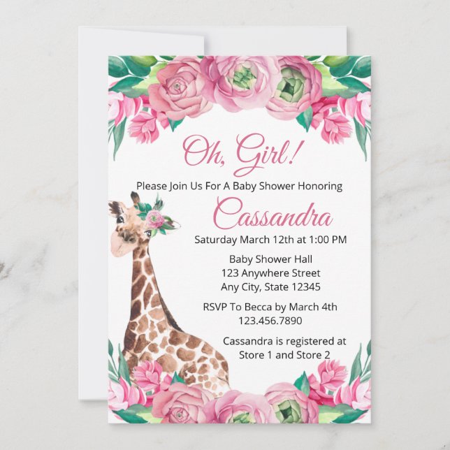 Invitation Pink Floral Jungle Animal Giraffe Girl Baby shower (Devant)