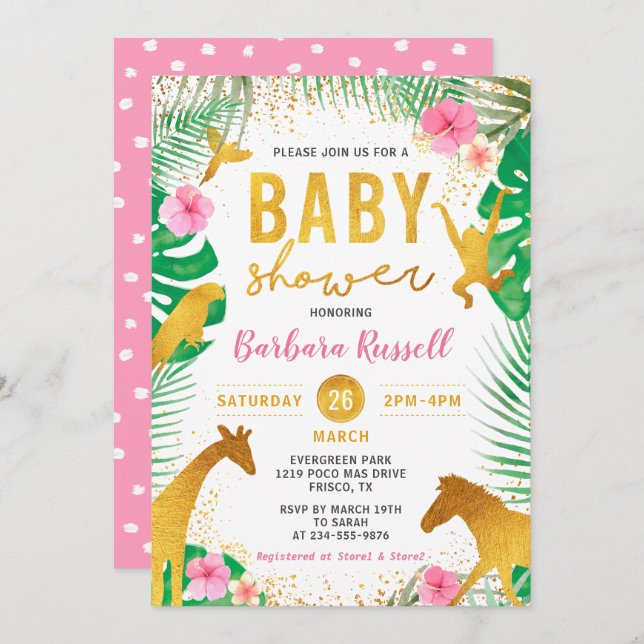 Invitation Pink Floral Jungle Animaux Safari Baby shower fill (Devant / Derrière)