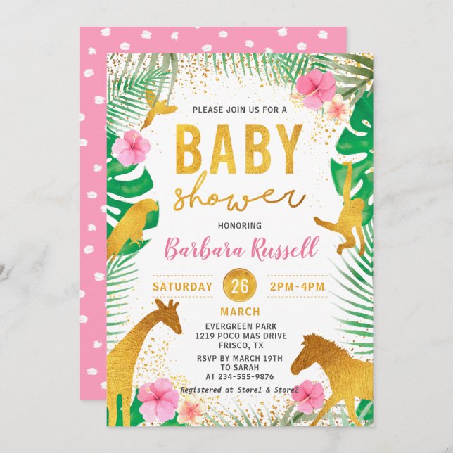 Invitation Pink Floral Jungle Animaux Safari Baby shower fill (Devant / Derrière)