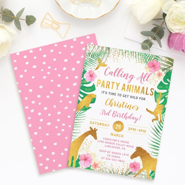 Invitation Pink Floral Jungle Animaux Safari Filles Anniversa (Créateur téléchargé)