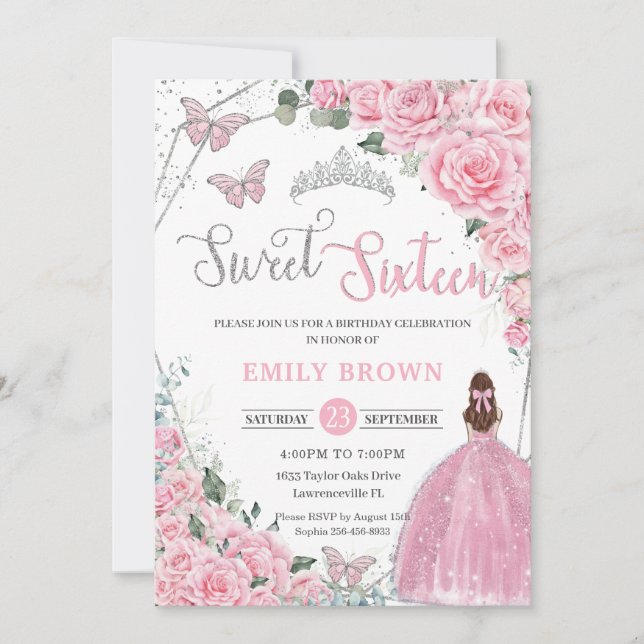 Invitation Pink Floral Light Brown Princess Sweet 16 Birthday (Devant)
