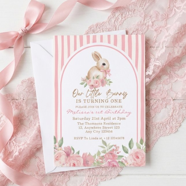 Invitation Pink Floral Little Bunny Turning One Birthday  (Créateur téléchargé)