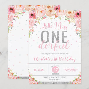 Invitation Pink Floral Little Miss Onederful 1er anniversaire