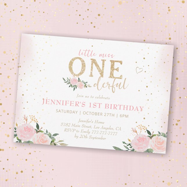 Invitation Pink Floral Little Miss Onederful 1er anniversaire (Créateur téléchargé)