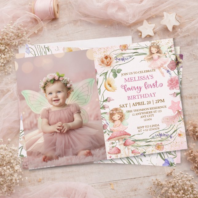 Invitation Pink Floral Magical Fairy First Birthday Photo  (Créateur téléchargé)