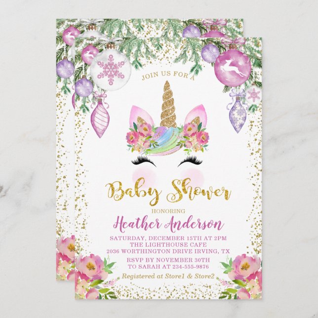 Invitation Pink Floral Magique Noël Unicorn Baby shower (Devant / Derrière)