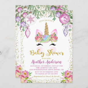 Invitation Pink Floral Magique Noël Unicorn Baby shower