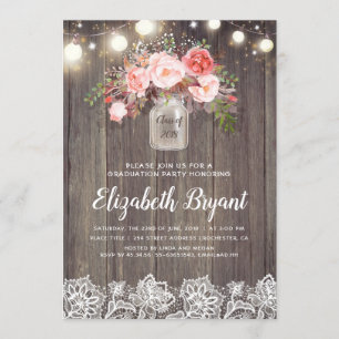 Invitation Pink Floral Mason Jar Rustic Lace Graduation Party