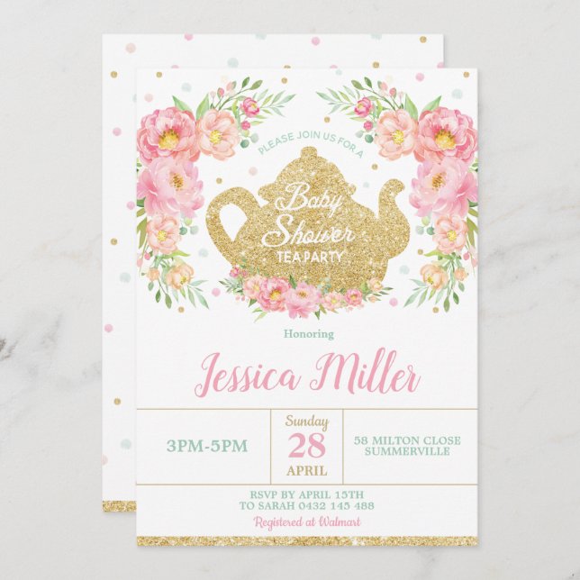 Invitation Pink Floral Mint Baby shower Tea Party Baby Girl (Devant / Derrière)
