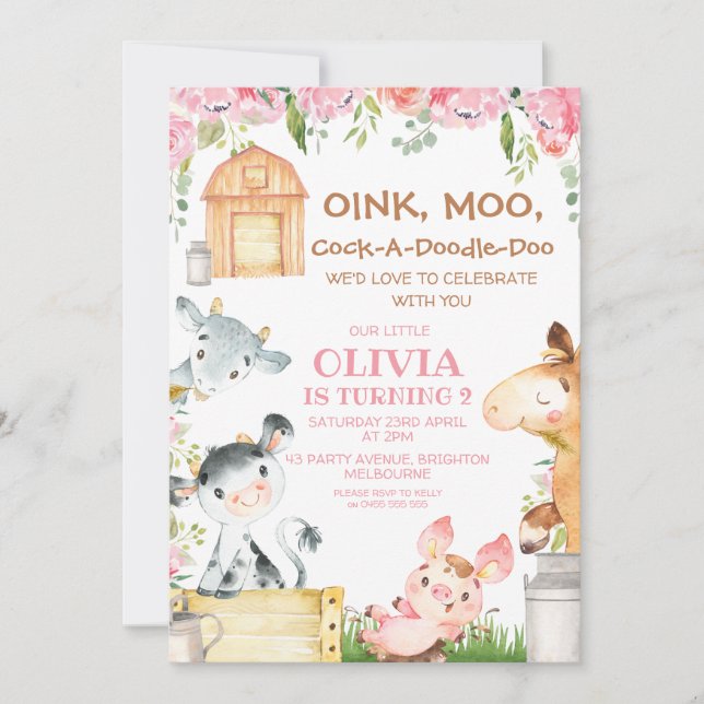 Invitation Pink Floral Moo Farm Barnyard Anniversaire (Devant)
