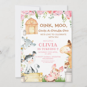 Invitation Pink Floral Moo Farm Barnyard Anniversaire