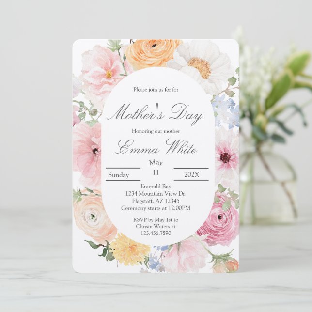 Invitation Pink floral Mother's Day  (Debout devant)