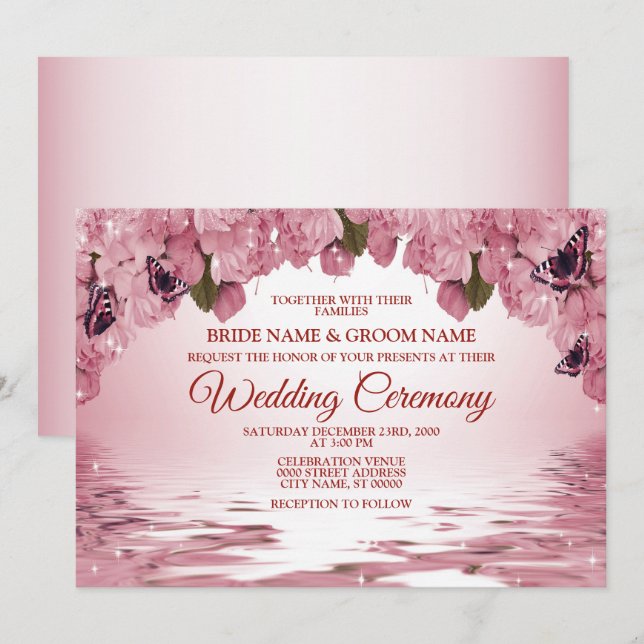 Invitation Pink Floral Nature Butterfly Outdoor Wedding (Devant / Derrière)