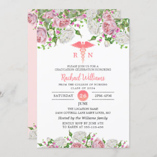 Invitation Pink Floral Nursing School Graduation Party