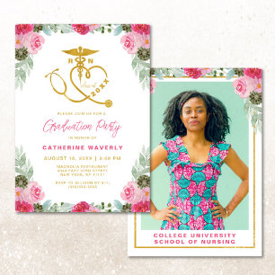 Invitation Pink Floral Nursing School Photo Graduation Invita