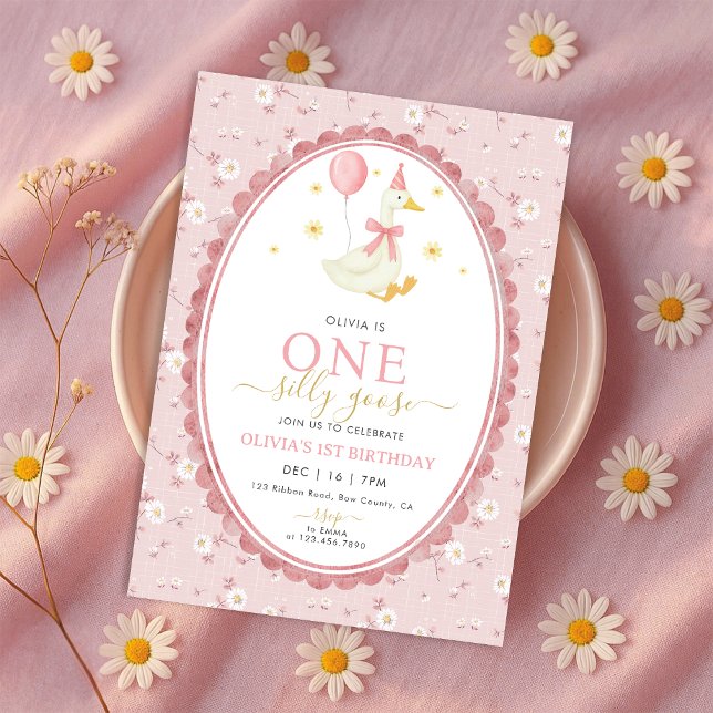 Invitation Pink Floral One Silly Goose Girl 1st Birthday (Créateur téléchargé)