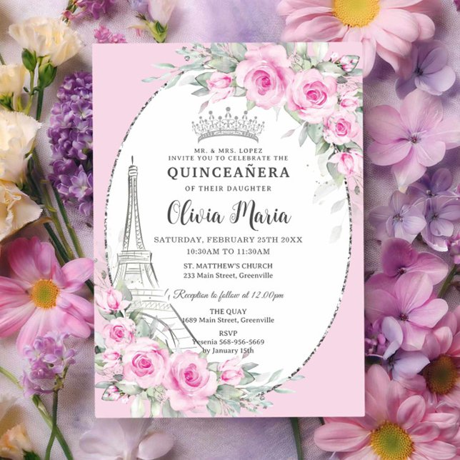 Invitation Pink Floral Paris Papillons Quinceañera Sweet 16 (Créateur téléchargé)