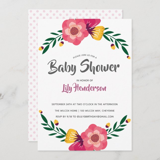 Invitation Pink Floral Polka Baby shower Party (Devant / Derrière)