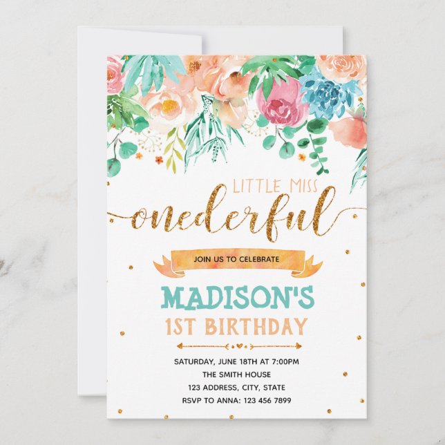 Invitation Pink Floral Premier Anniversaire (Devant)