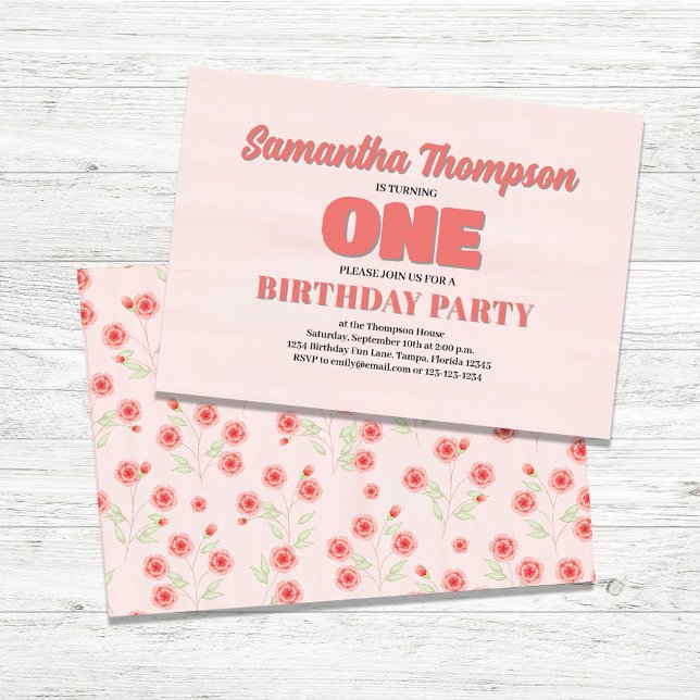 Invitation Pink Floral Premier anniversaire Modèle de la fête (First Birthday Girls Party Custom Invitations.)