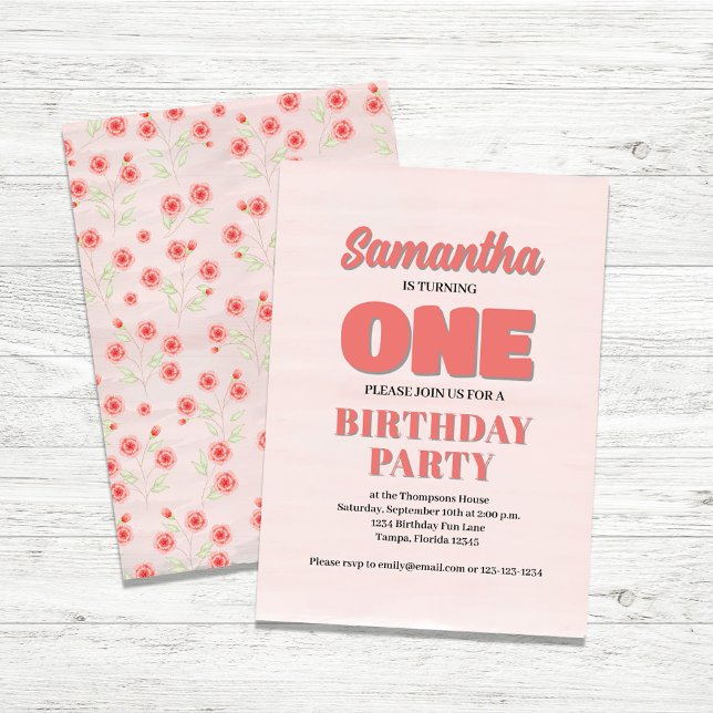Invitation Pink Floral Premier anniversaire Modèle de la fête (Pink Girls First birthday invitation template. )