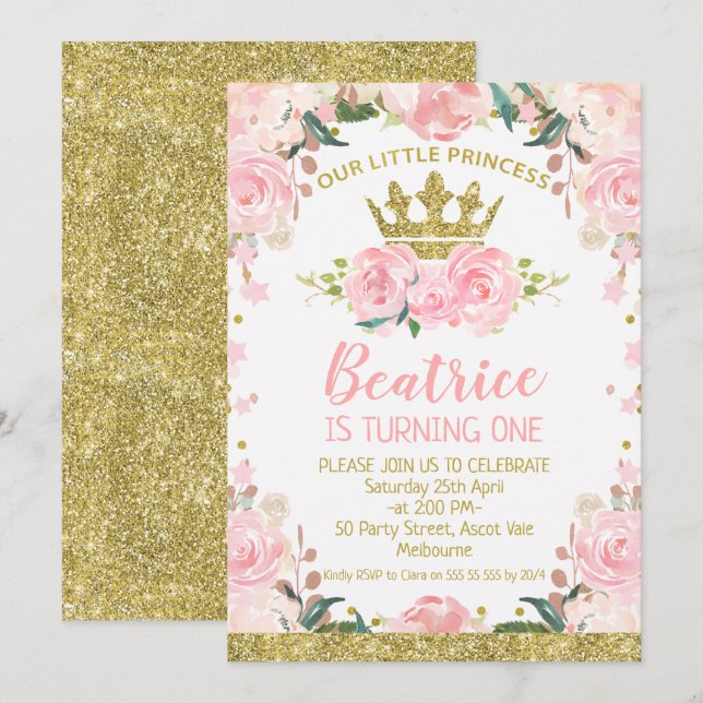 Invitation Pink Floral Princess Crown 1er anniversaire Invita (Devant / Derrière)