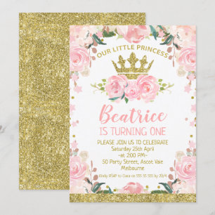 Invitation Pink Floral Princess Crown 1er anniversaire Invita