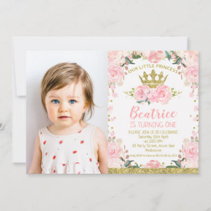 Invitation Pink Floral Princess Crown Photo 1er anniversaire