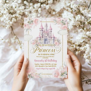 Invitation Pink Floral Princess Royal Castle 1er anniversaire