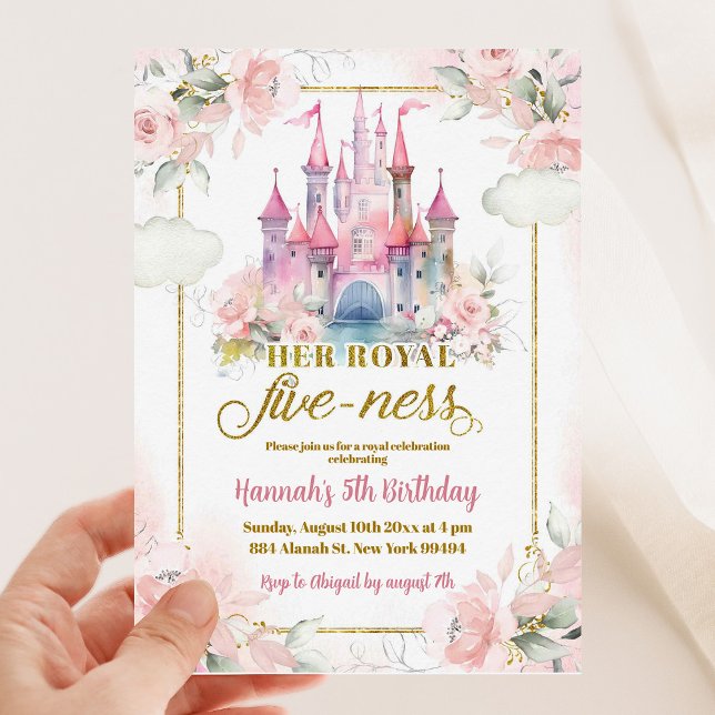 Invitation Pink Floral Princess Royal Castle 5e anniversaire (Créateur téléchargé)