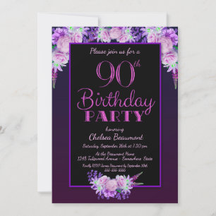 Invitation Pink Floral Purple 90e fête d'anniversaire