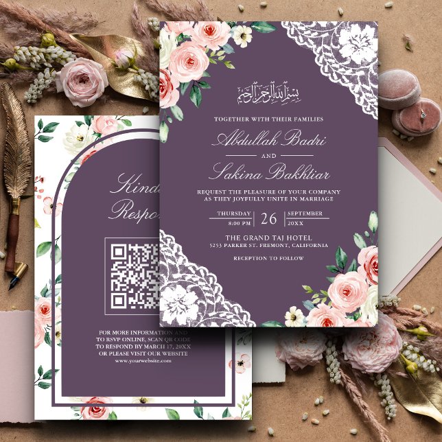 Invitation Pink Floral Purple Lace QR Code Mariage musulman (Créateur téléchargé)