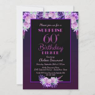 Invitation Pink Floral Purple Surprise 60e anniversaire Dîner