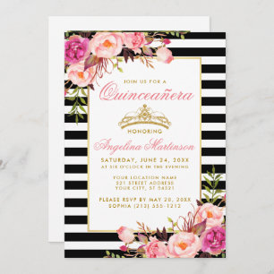Invitation Pink Floral Quinceanera Gold Crown