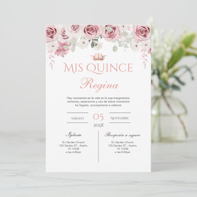 Invitation Pink Floral Quinceañera Spanish  (Debout devant)