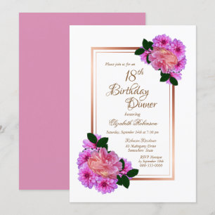 Invitation Pink Floral Rose Gold Border 18e anniversaire Dîne