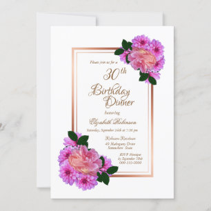 Invitation Pink Floral Rose Gold Border 30e anniversaire Dîne