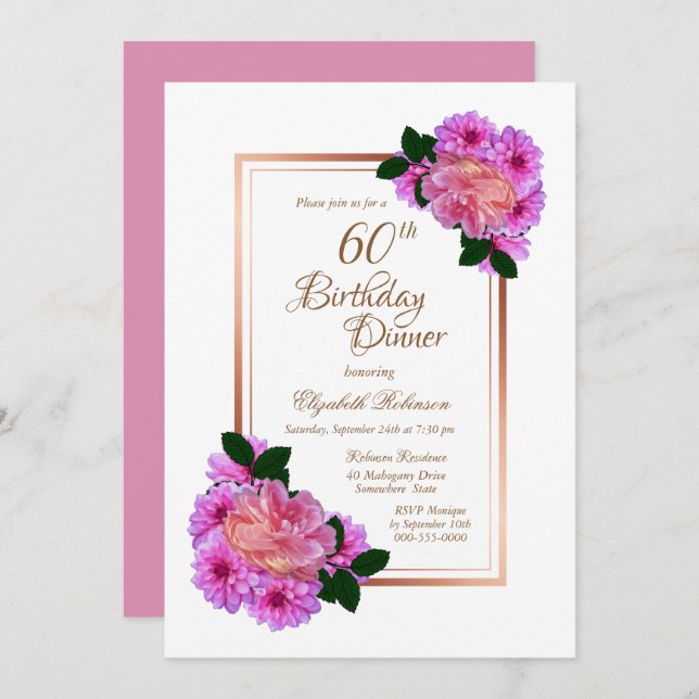 Invitation Pink Floral Rose Gold Border 60e anniversaire Dîne (Devant / Derrière)