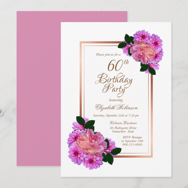 Invitation Pink Floral Rose Gold Border 60e fête d'anniversai (Devant / Derrière)