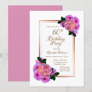 Invitation Pink Floral Rose Gold Border 60e fête d'anniversai