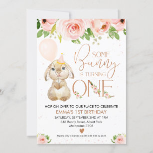 Invitation Pink Floral Rose Gold Bunny 1er anniversaire