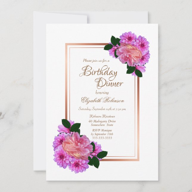 Invitation Pink Floral Rose Gold Frontière Anniversaire Dîner (Devant)