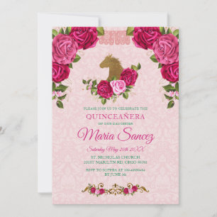 Invitation Pink Floral Rose & Gold Horse Quinceanera Annivers
